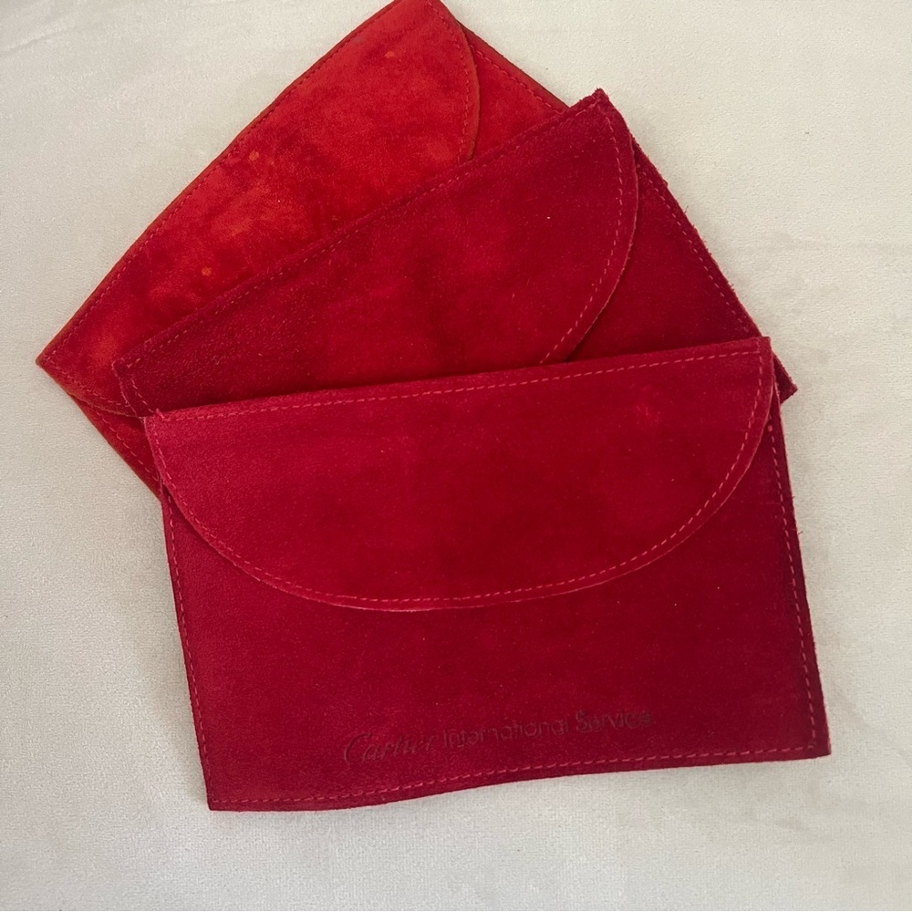 Cartier Vtg Red Suede Jewelry Storage Pouches Rings Necklace Earrings Travel 3